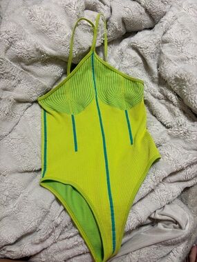 Womans Neon Lime Ribbed One-Piece bodysuit  with Blue Trim